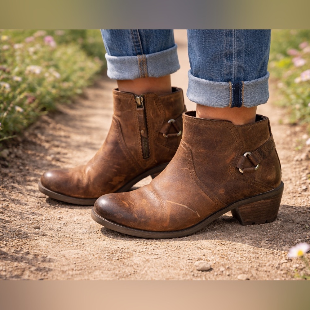 Teva Foxy Brown Distressed Leather Ankle Boots Size 7 Boho Western Festival